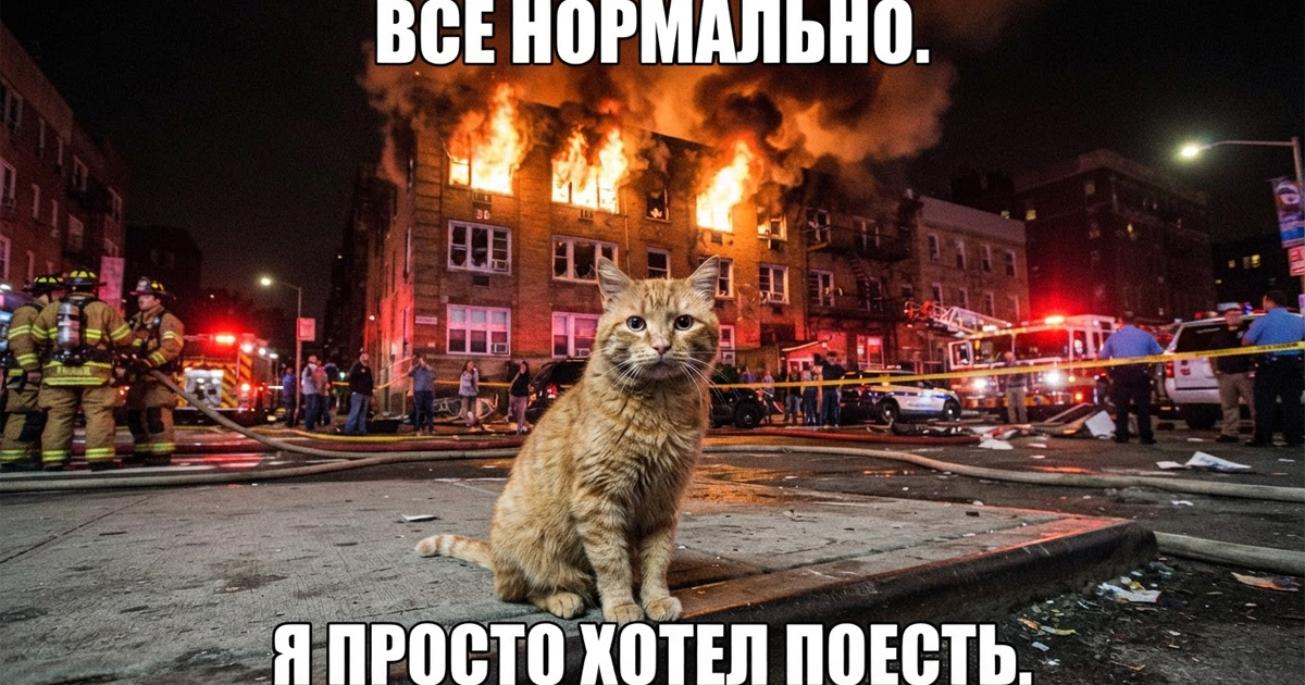 Мем с котом на фоне горящей квартиры.