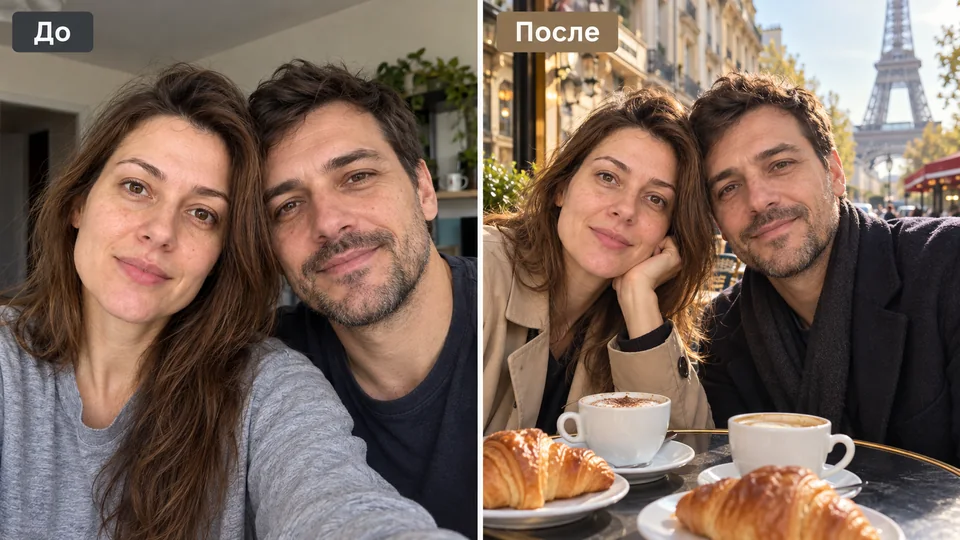 Сравнение исходного селфи пары и фотографии в кафе Парижа