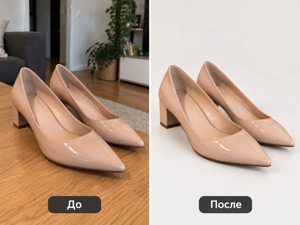 Сравнение исходного снимка туфель и предметной фотографии на светлом фоне