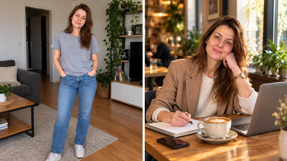 Сравнение домашнего портрета и lifestyle-фотографии женщины за работой в кофейне