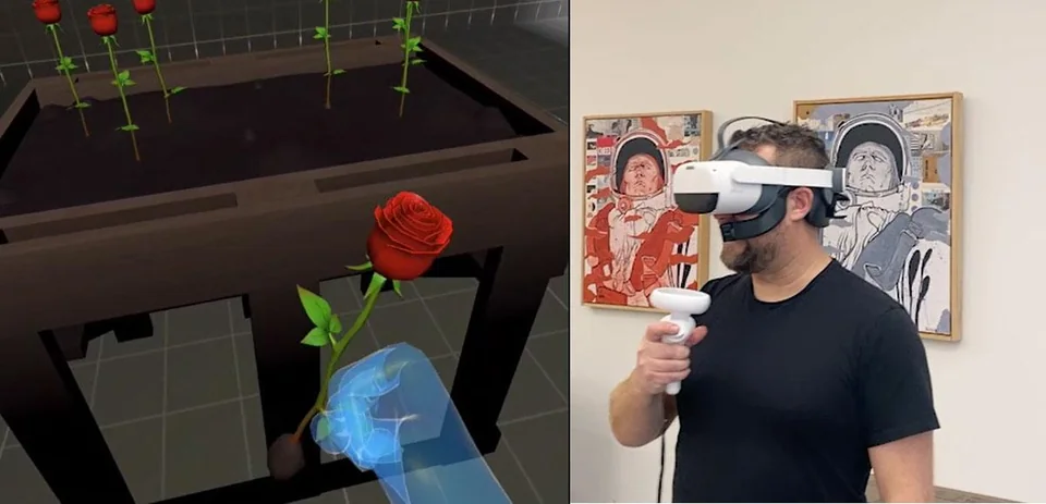 Человек в VR-гарнитуре и виртуальные цветы на экране