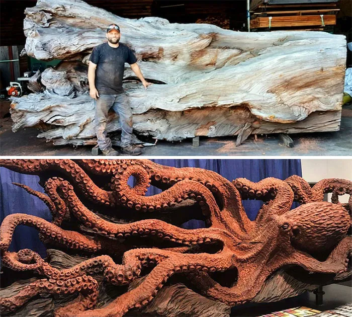 Мастер резьбы по дереву Джеффри Майкл Самудоски использовал часть мертвой секвойи, чтобы создать невероятную скульптуру осьминога.