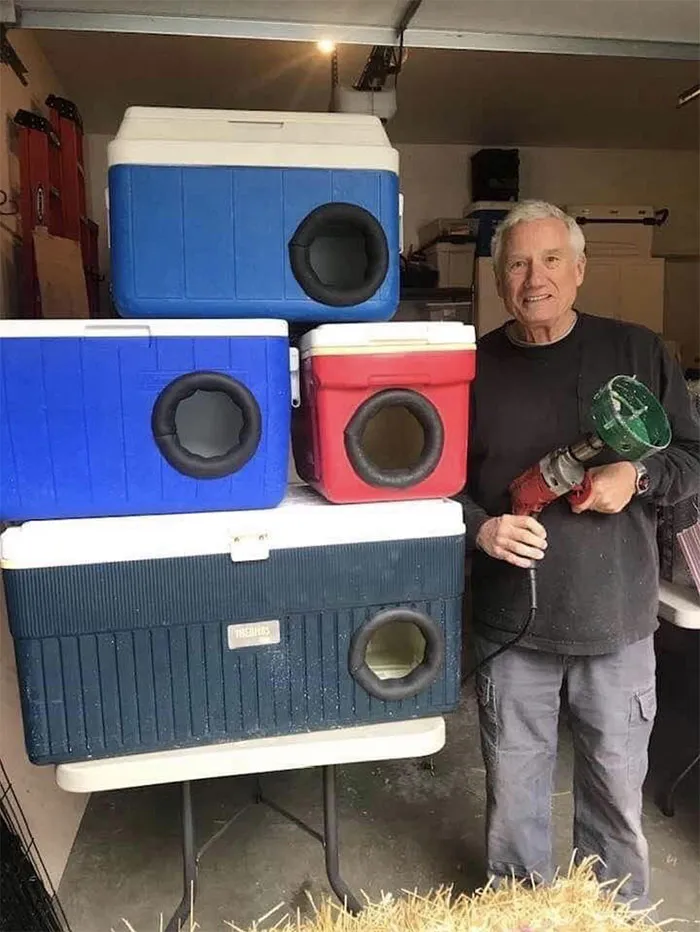 Этот мужчина переделывает старые холодильники для пикника в домики для бездомных кошек.