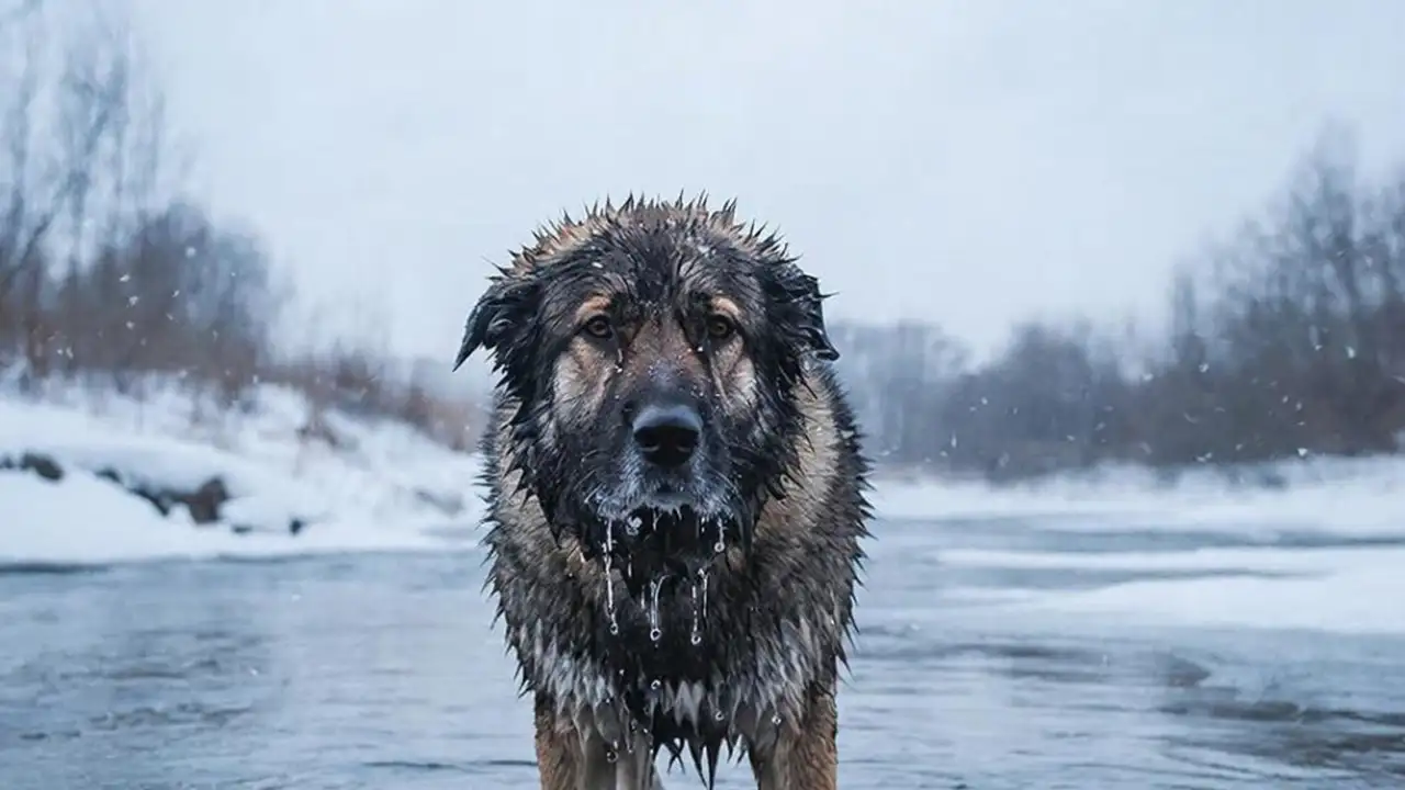 Собака в ледяной воде.