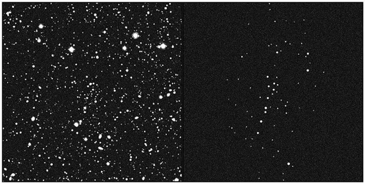 Слева показана россыпь звёзд, среди которых скрывается UMa3/U1 (справа).