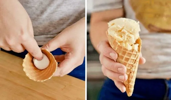 «Делая рожки с мороженым для детей (или для себя), положите на дно зефир перед добавлением мороженого. Он останавливает любые капли, которые могут вытечь из нижней части конуса».