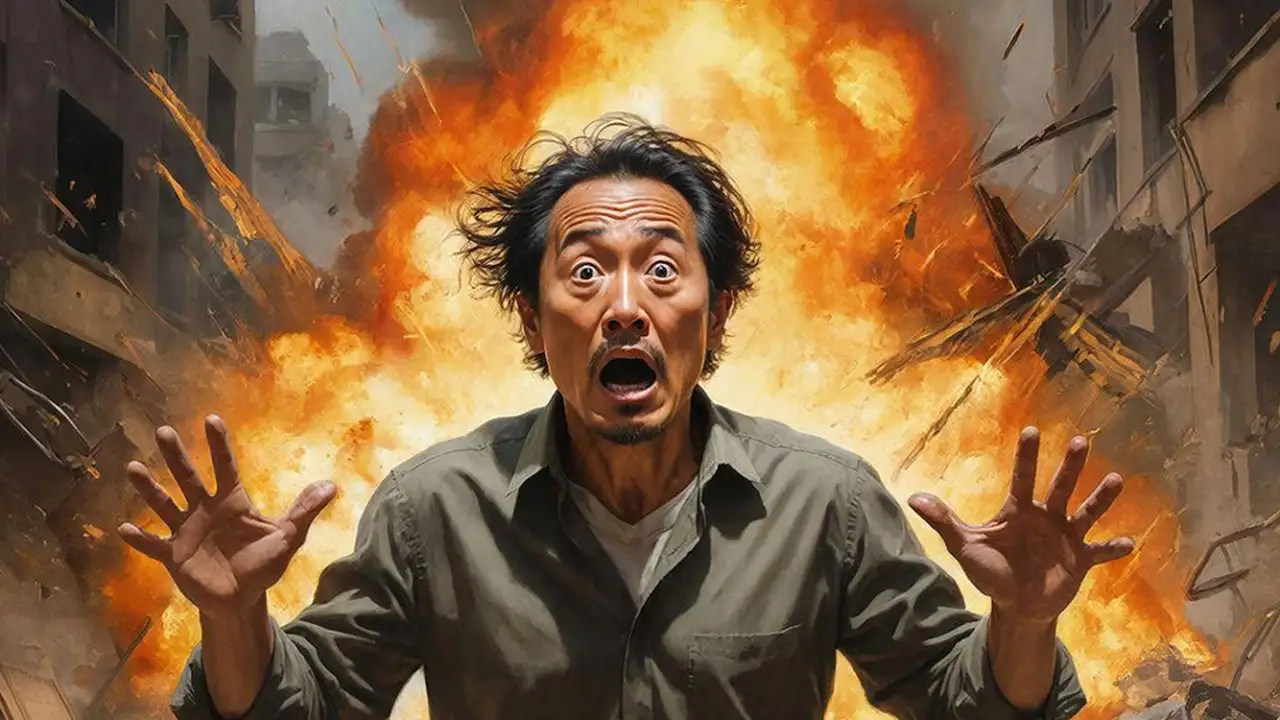 Человек на фоне взрыва.