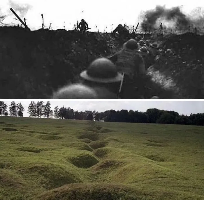 Одна и та же траншея времен Первой мировой войны с разницей в 100 лет, 1914–2014 гг.