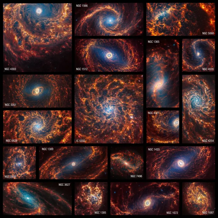 Космический телескоп запечатлел 19 галактик в ближнем и среднем инфракрасном диапазоне. 