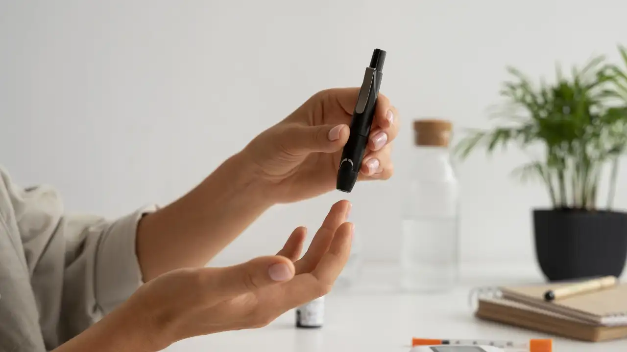 Диабетик проверяет уровень глюкозы.