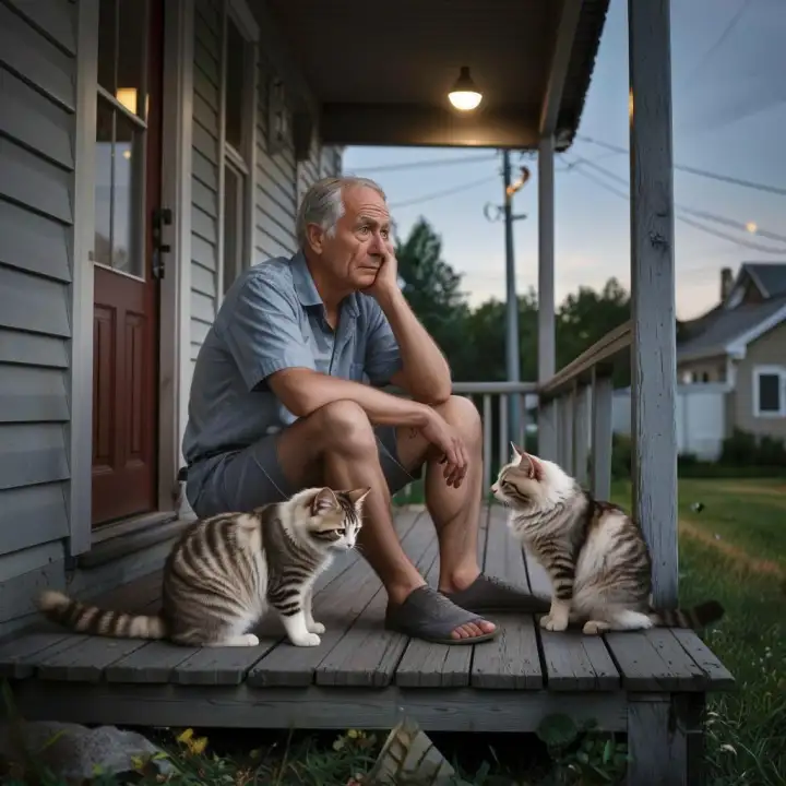 Грустный мужчина с котами.