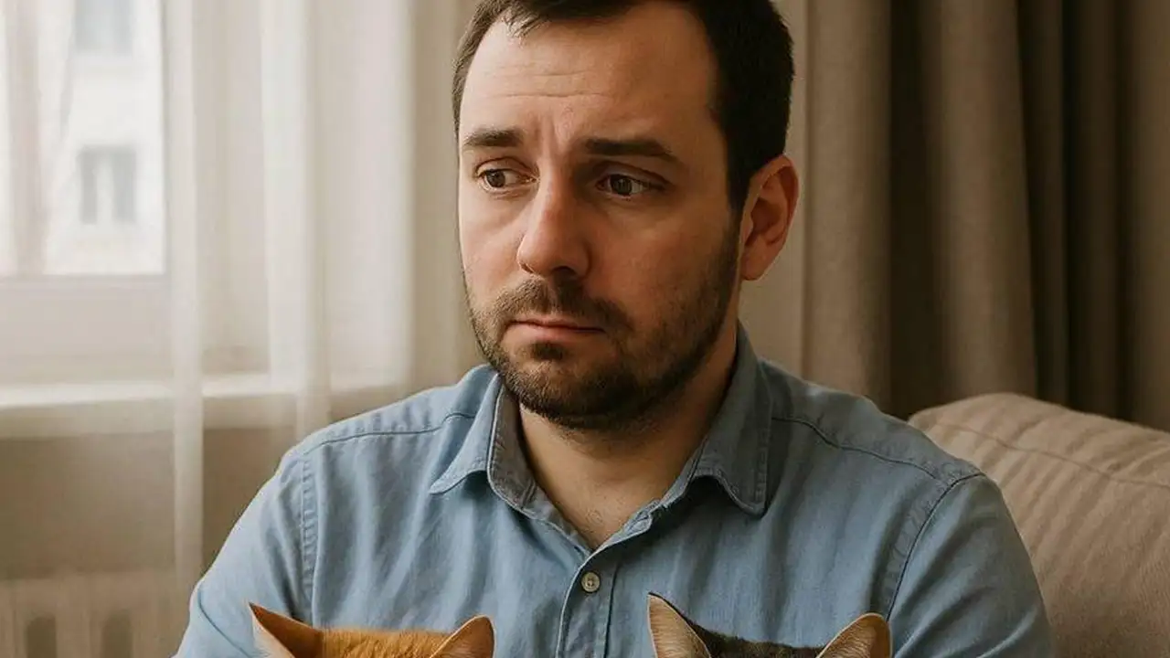 Грустный мужчина с котами.