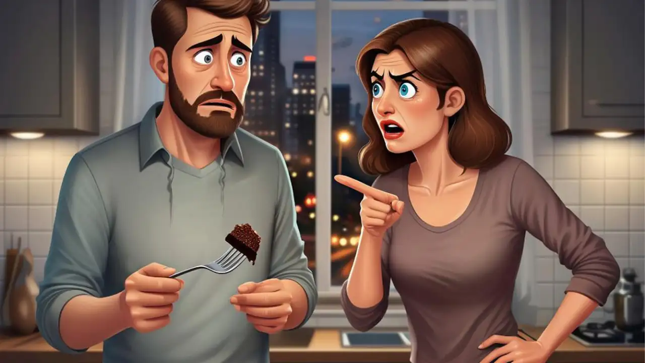 Муж и жена ссорятся из-за куска торта.