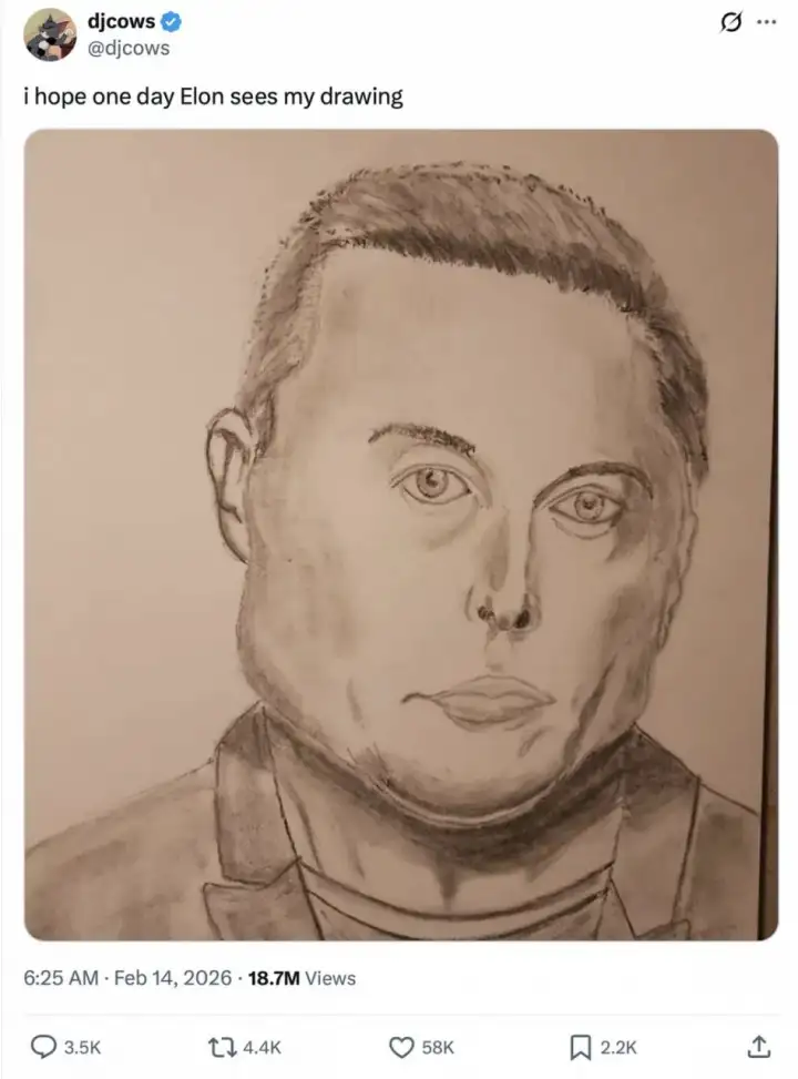 Человек под ником @djcows нарисовал портрет Илона Маска и очень надеялся, что он его заметит.