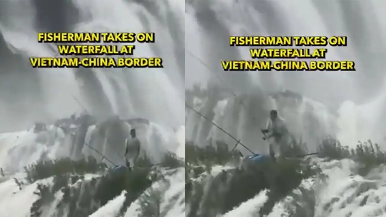 Рыбак на водопаде.