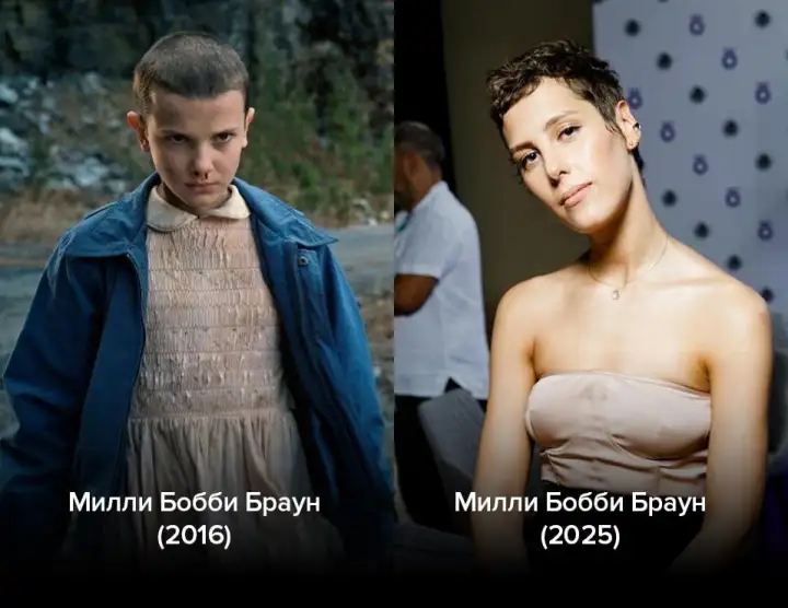 Милли Бобби Браун в 2016 и 2025. Милли Бобби Браун в 2016 и 2025.