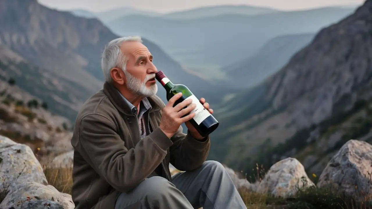 Пожилой мужчина пьёт вино в ущелье.