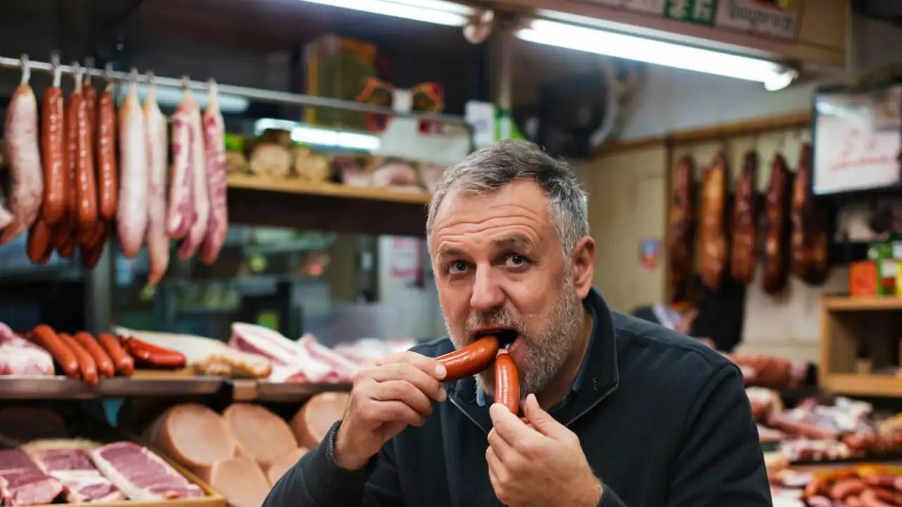 Мужчина ест сосиски в мясной лавке.