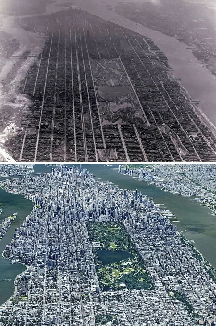 Центральный парк в Нью-Йорке в 1931 и 2020 году.