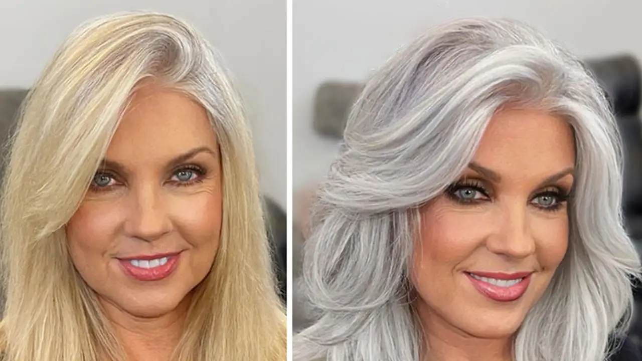 «До» и «после» окрашивания сединой.