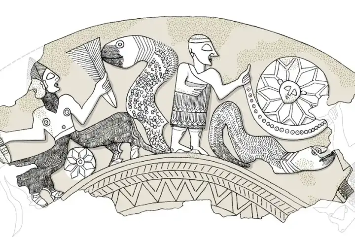 Гравировка на кубке изображает божеств, змею и солнце. Гравировка на кубке изображает божеств, змею и солнце.