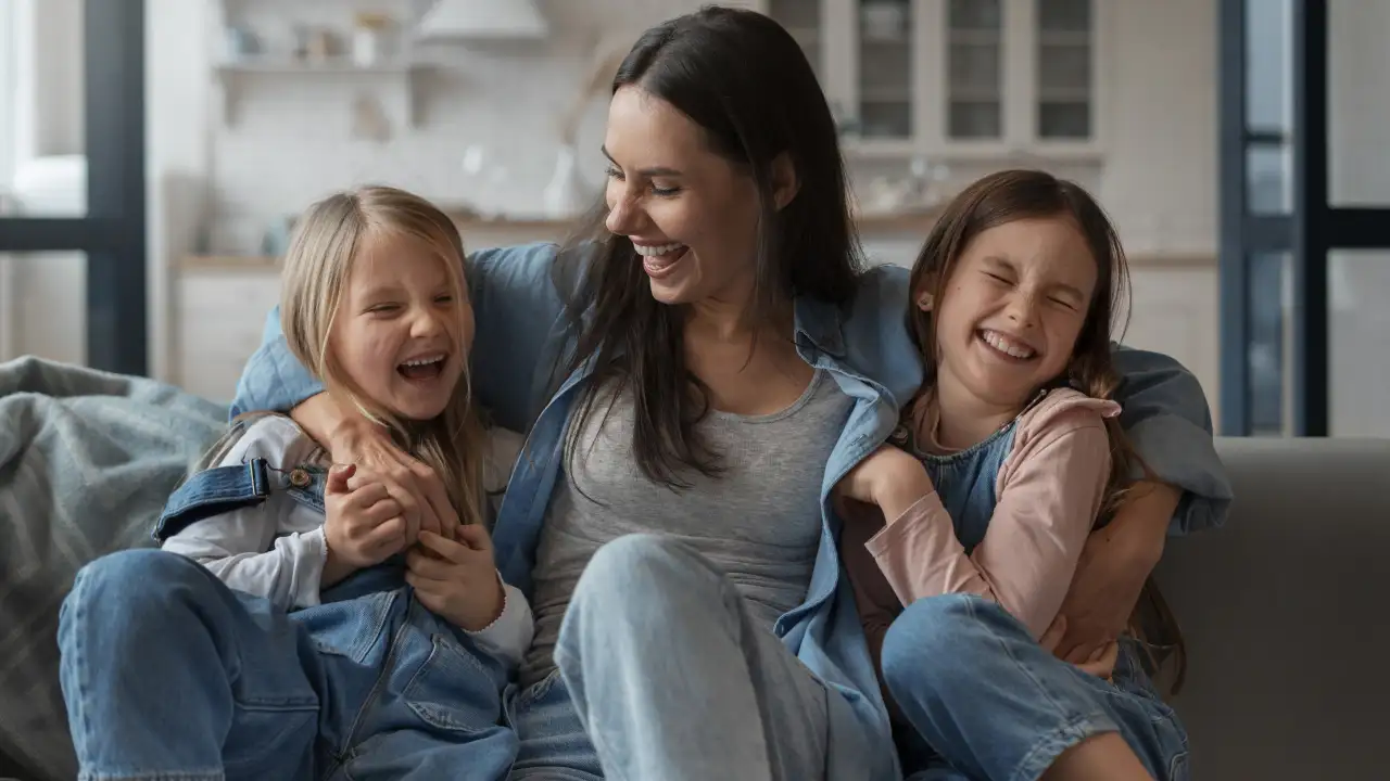 Мама и дети смеются.