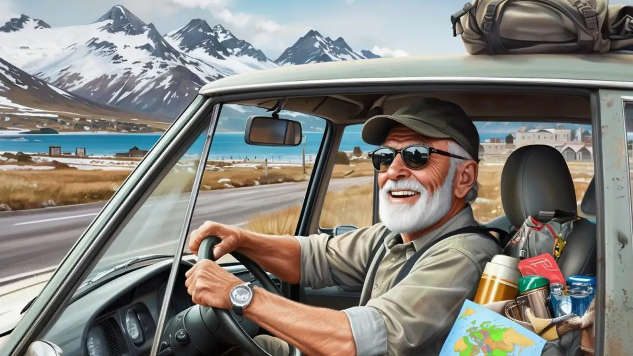 Дедушка едет на машине.