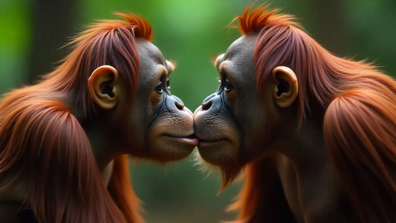 Орангутаны целуются.