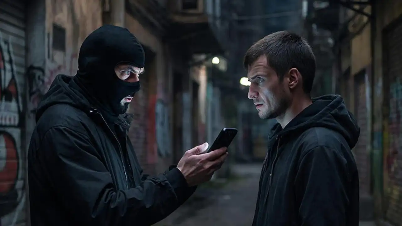 Грабитель возвращает владельцу его смартфон.