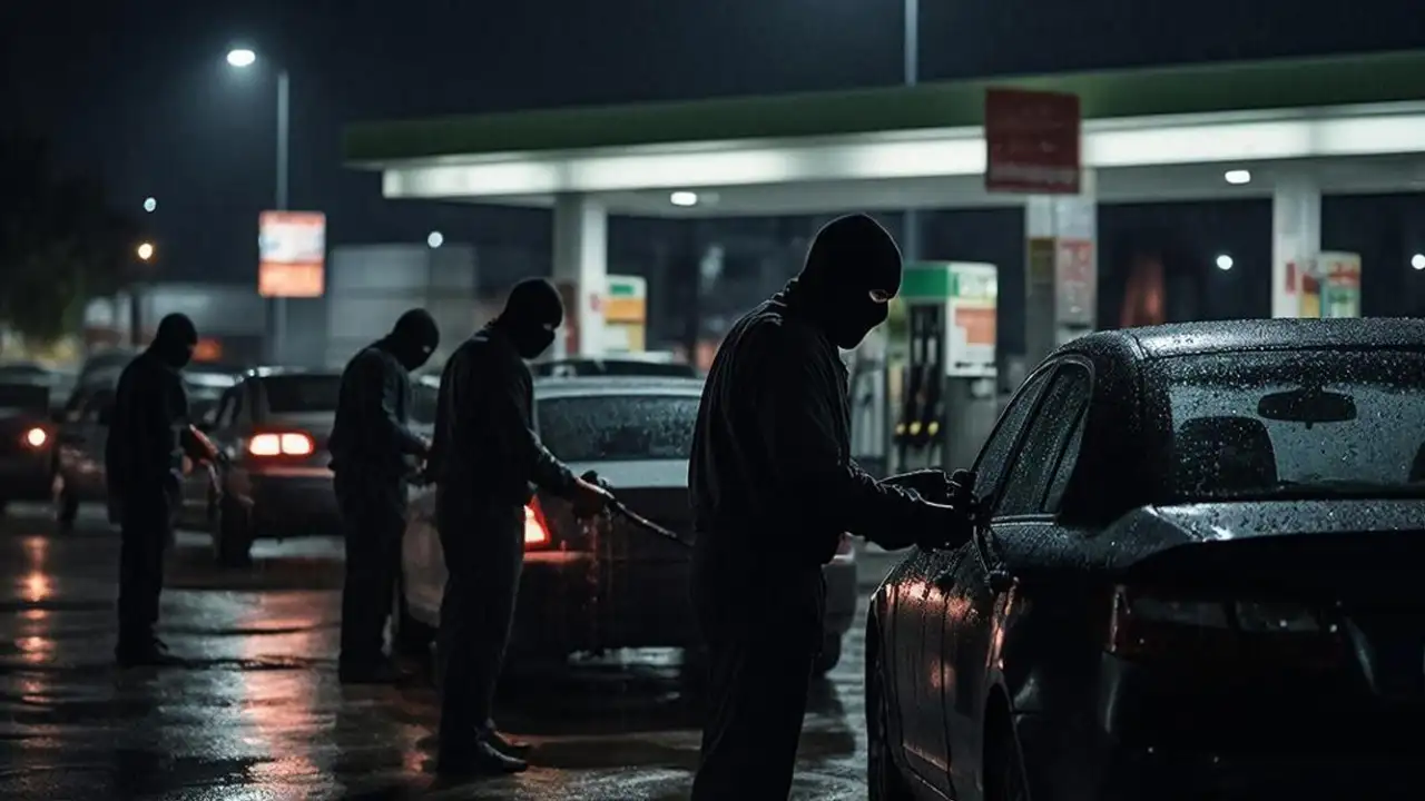 Преступники заправляют автомобили на АЗС.