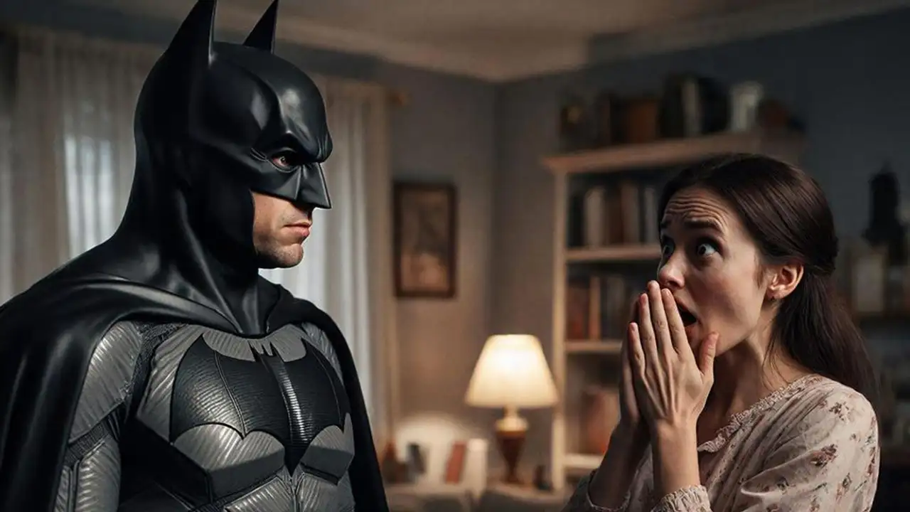 Испуганная женщина смотрит на своего мужа в костюме Бэтмена.