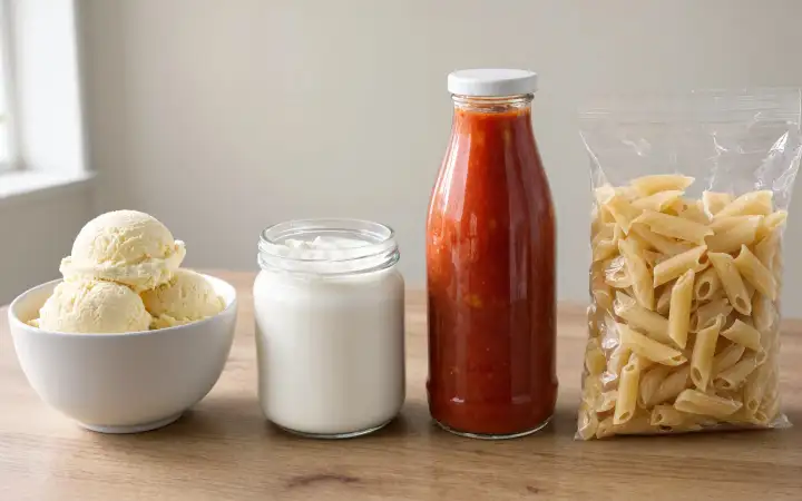 Продукты, в которые добавляют ксантановую камедь. Продукты, в которые добавляют ксантановую камедь.