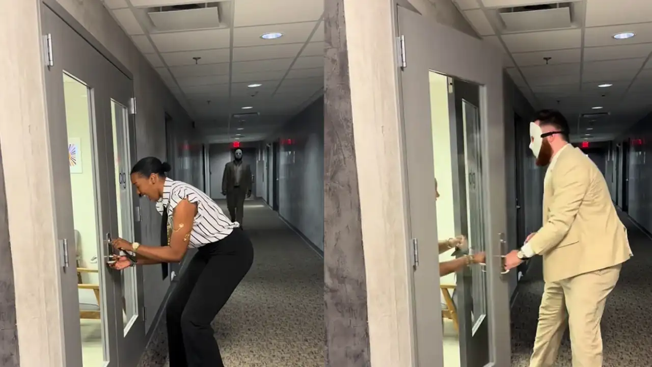 Девушка убегает от «маньяка».