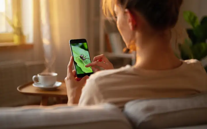 Девушка смотрит на фото паука. Девушка смотрит на фото паука.