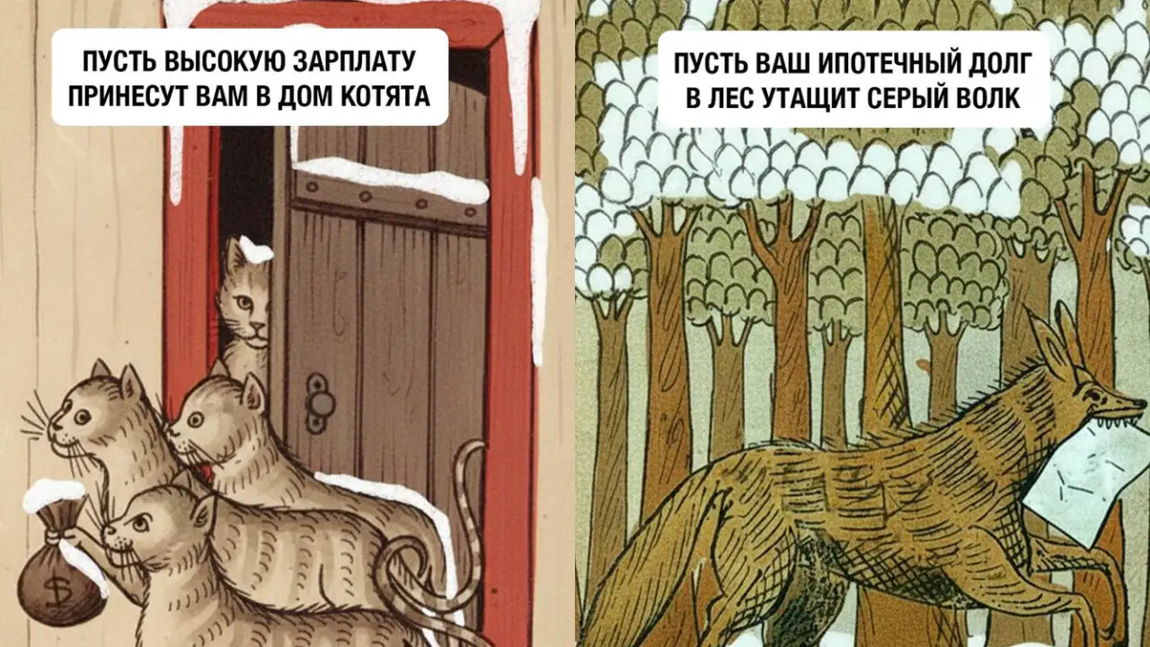 Средневековые карточки с самыми нужными пожеланиями на Новый год.