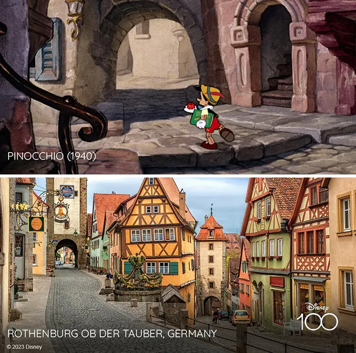 Декорации в мультфильме «Пиноккио» — Ротенбург-об-дер-Таубер в Германии.