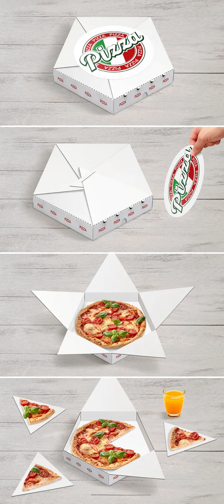 Упаковка для пиццы, в которой части коробки становятся тарелками.