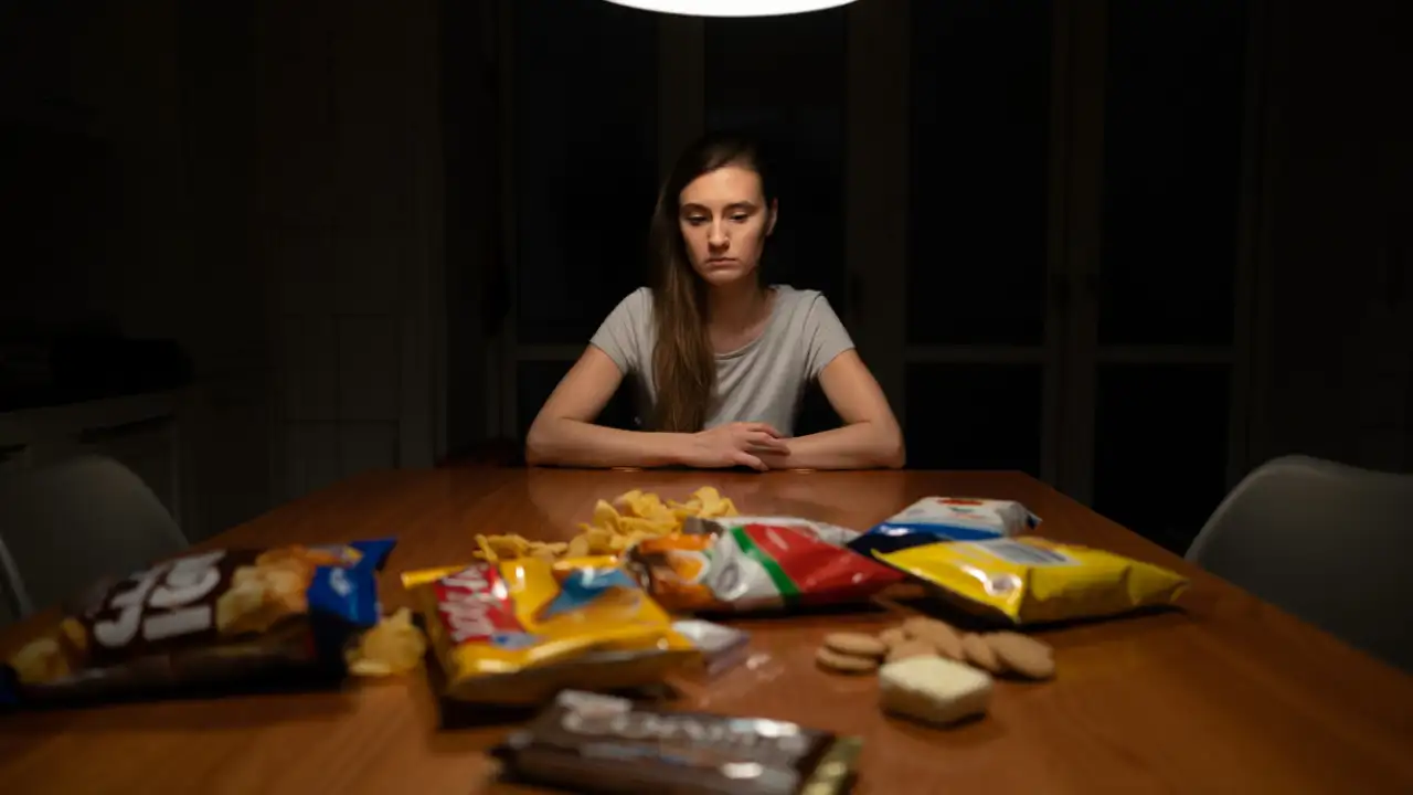Девушка чувствует вину из-за переедания.
