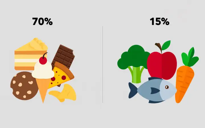 Около 70% продуктов, которые люди употребляют во время эпизодов переедания, относятся к ультрапереработанным. На минимально обработанные продукты приходится лишь около 15%. Около 70% продуктов, которые люди употребляют во время эпизодов переедания, относятся к ультрапереработанным. На минимально обработанные продукты приходится лишь около 15%.