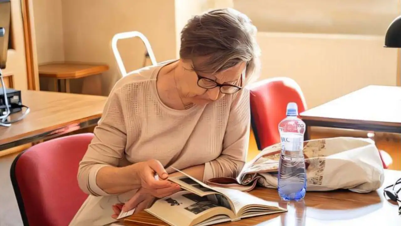 Пожилая женщина читает.