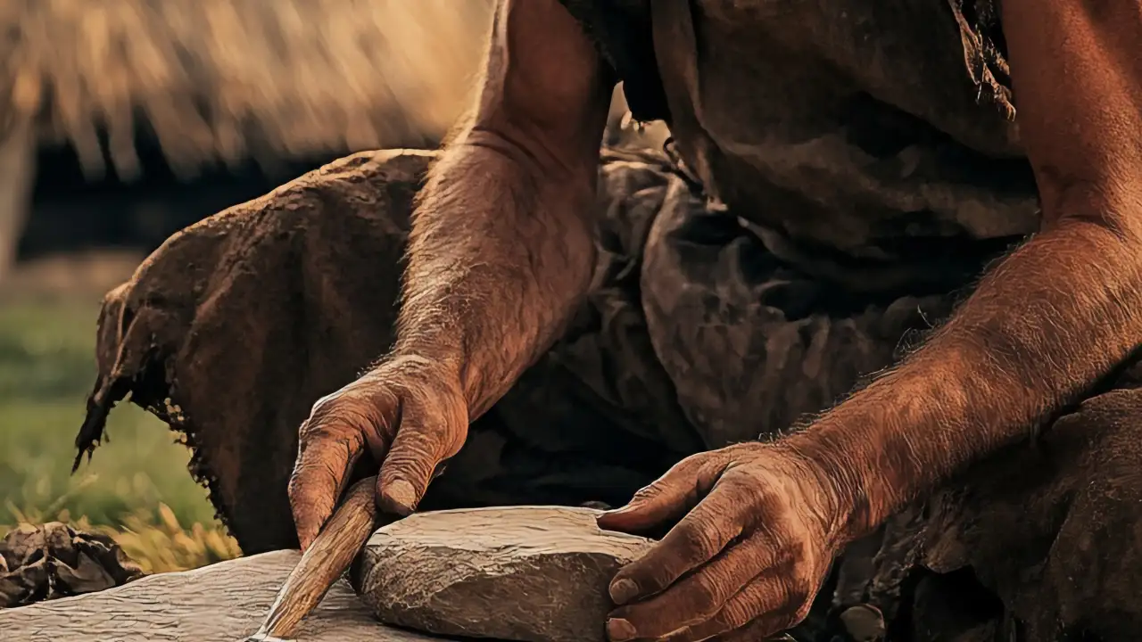 Древний человек в шкуре.