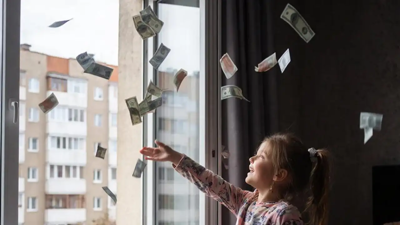 Девочка выбрасывает деньги в окно.