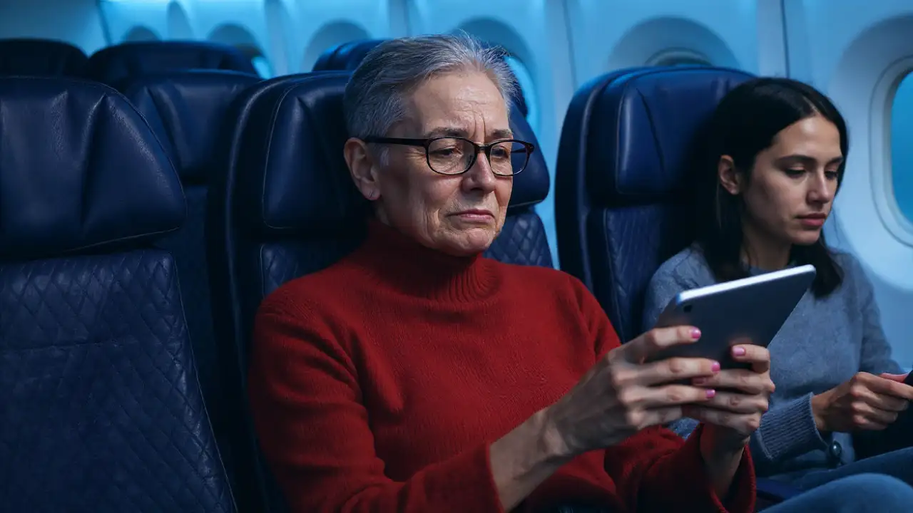 Расстроенная пожилая женщина в самолёте.
