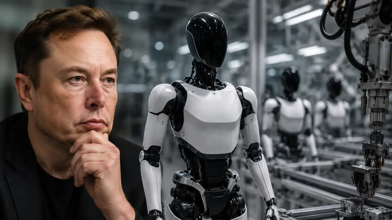 Илон Маск и робот Tesla Optimus. Коллаж