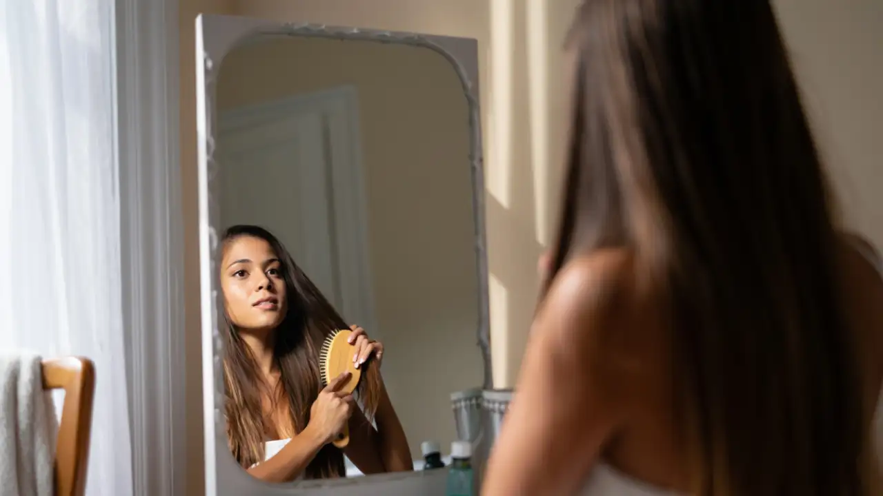 Девушка расчесывает волосы.