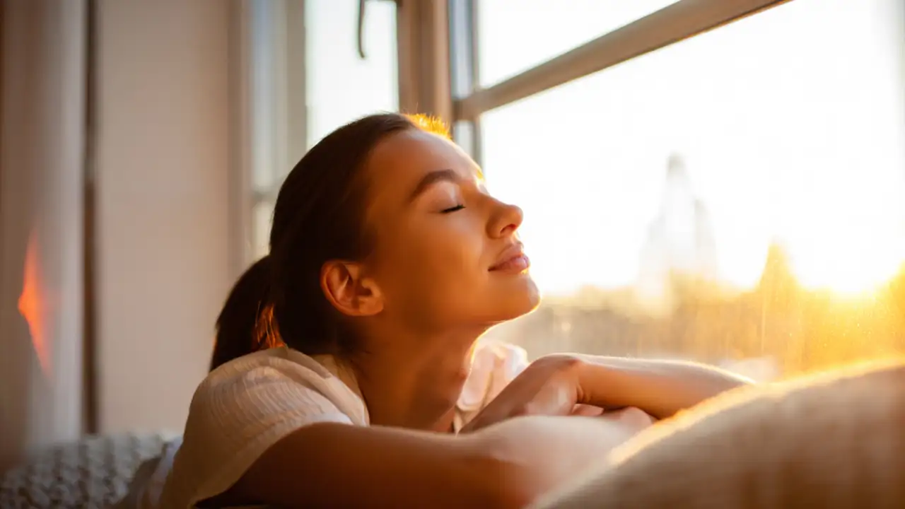 Девушка наслаждается солнцем.