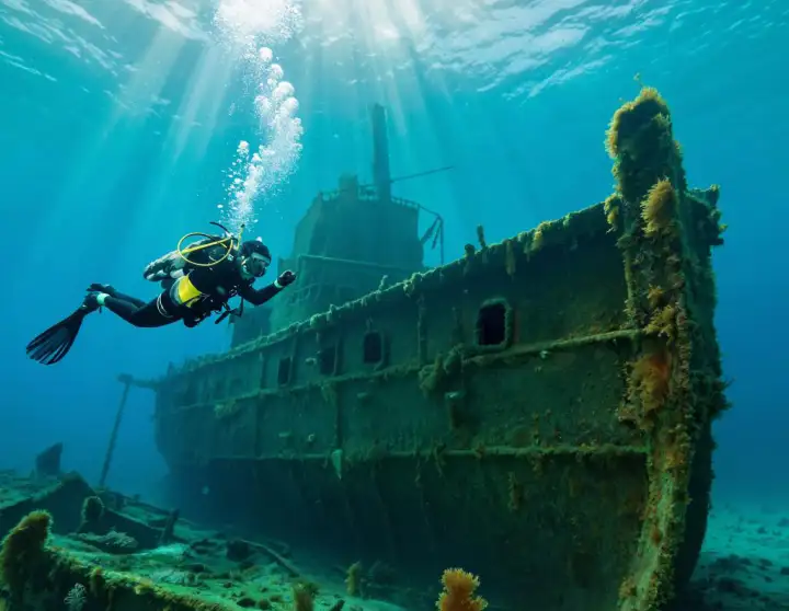 Аквалангист погружается к затонувшему кораблю.