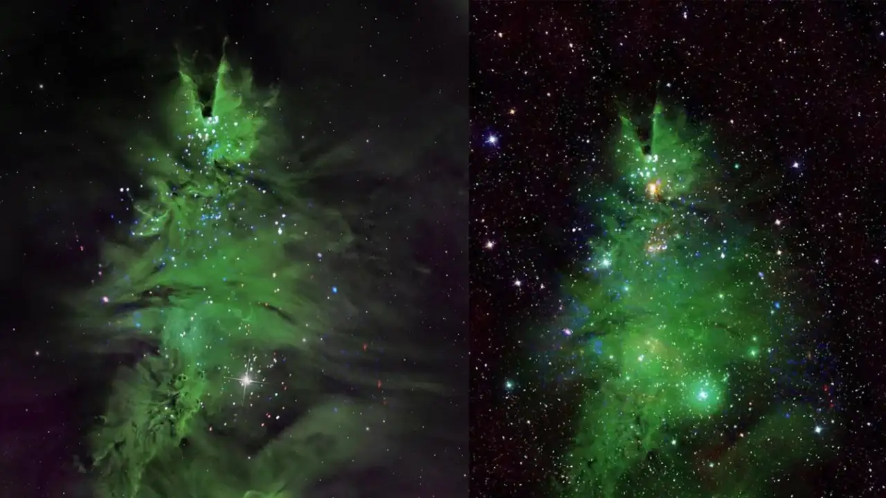 NASA запечатлели звездное скопление в виде ёлки.