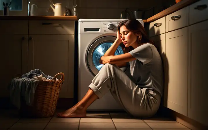 Девушка занимается стиркой.