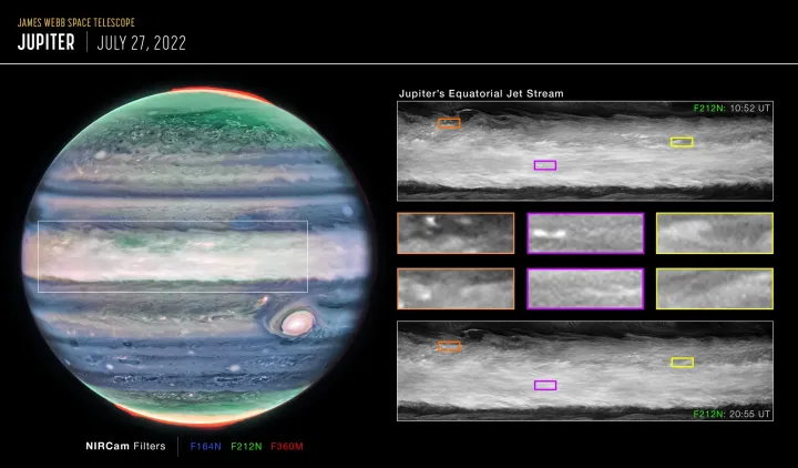 На этом изображении выделены некоторые особенности экваториальной зоны Юпитера, которые нарушены движением воздушного потока.